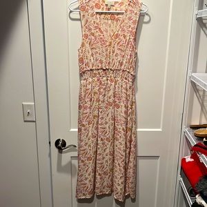 Lucky Brand Cream Floral Sleeveless Midi Dress with Pink and Yellow Print